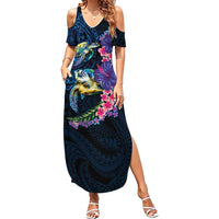 Hawaiian Plumeria and Hibiscus with Turtles Summer Maxi Dress Polynesian Art Dark Cyan Color LT03 Women Dark Cyan - Polynesian Pride