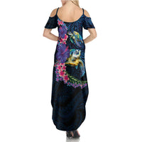 Hawaiian Plumeria and Hibiscus with Turtles Summer Maxi Dress Polynesian Art Dark Cyan Color LT03 - Polynesian Pride
