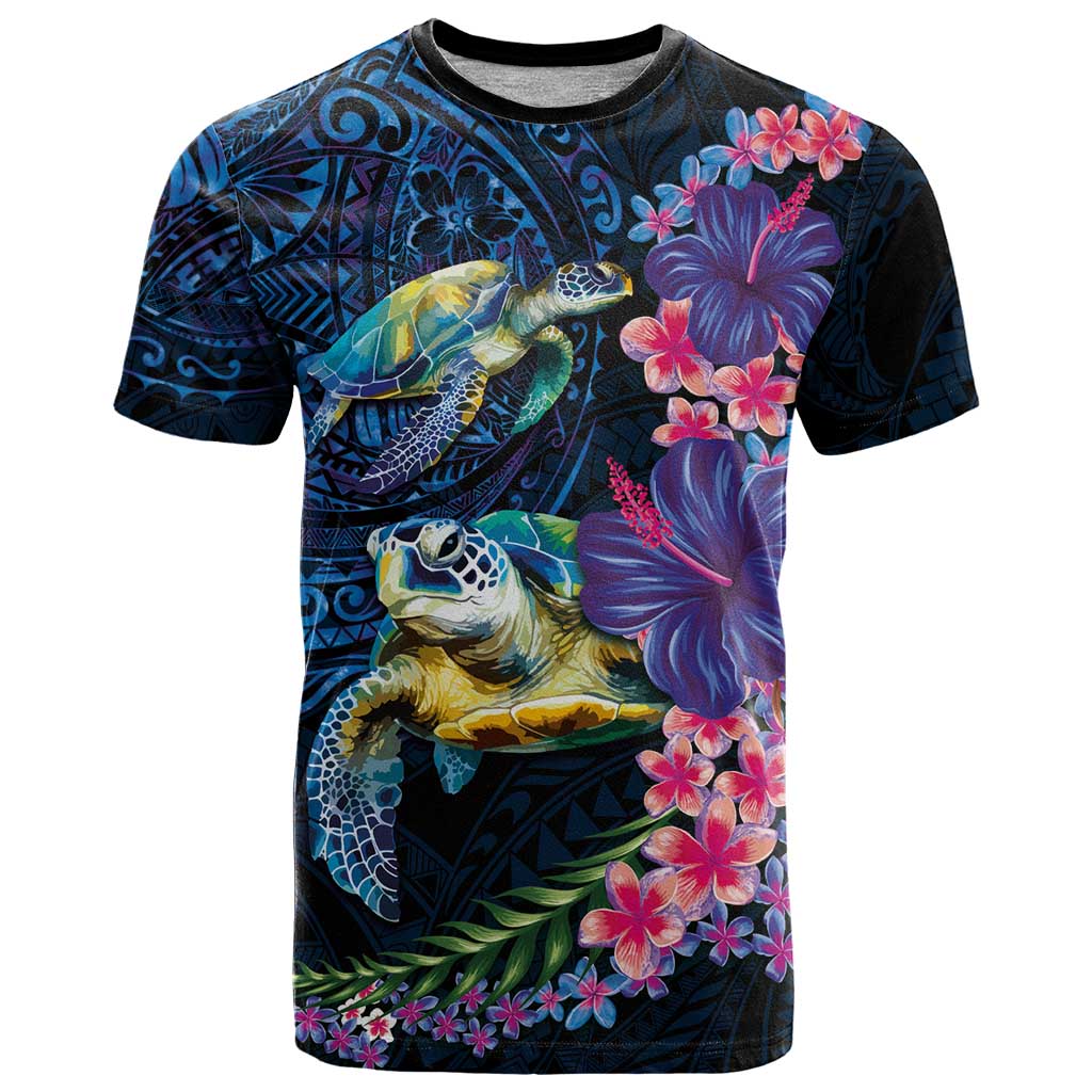 Hawaiian Plumeria and Hibiscus with Turtles T Shirt Polynesian Art Dark Cyan Color LT03 Dark Cyan - Polynesian Pride
