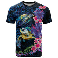 Hawaiian Plumeria and Hibiscus with Turtles T Shirt Polynesian Art Dark Cyan Color LT03 Dark Cyan - Polynesian Pride
