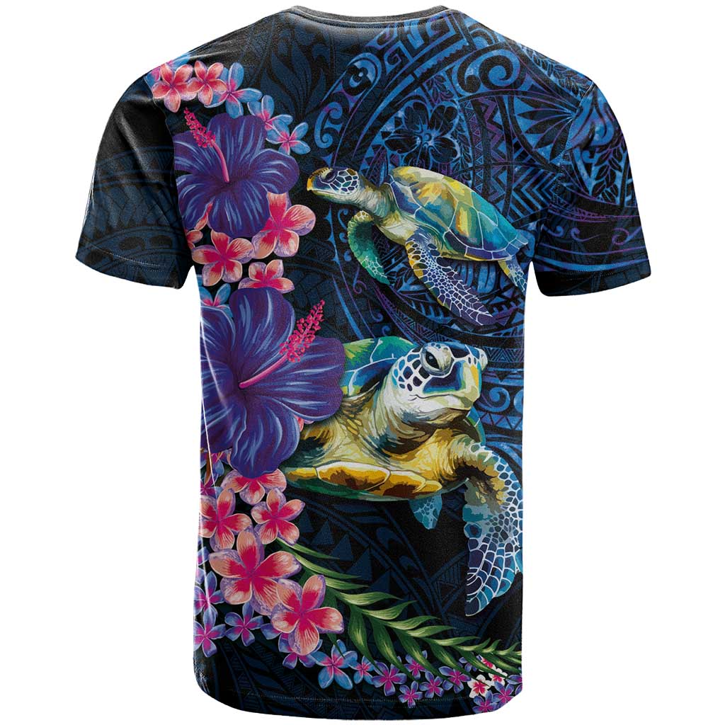 Hawaiian Plumeria and Hibiscus with Turtles T Shirt Polynesian Art Dark Cyan Color LT03 - Polynesian Pride