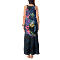 Hawaiian Plumeria and Hibiscus with Turtles Tank Maxi Dress Polynesian Art Dark Cyan Color LT03 - Polynesian Pride