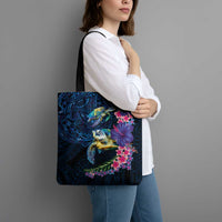 Hawaiian Plumeria and Hibiscus with Turtles Tote Bag Polynesian Art Dark Cyan Color LT03 - Polynesian Pride