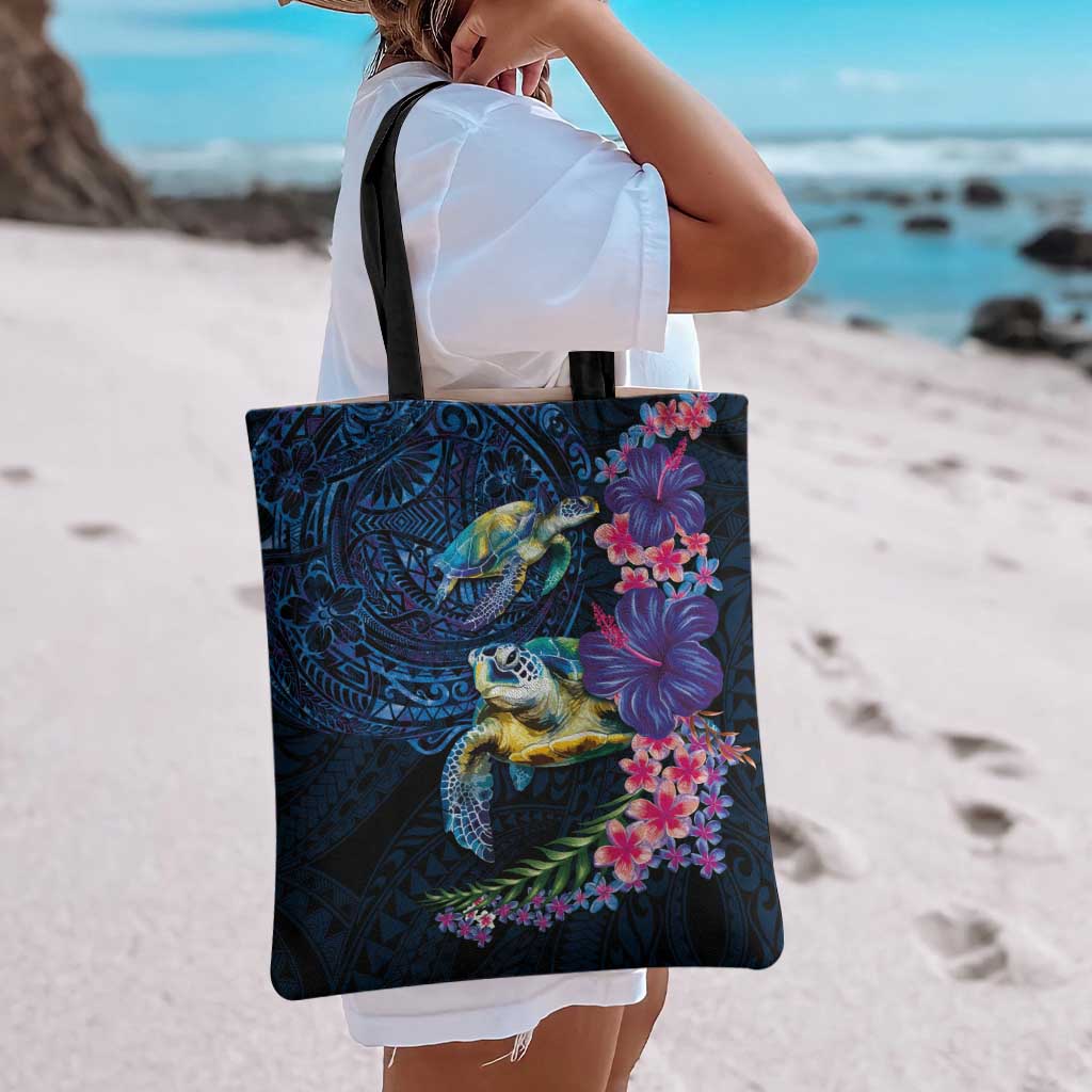 Hawaiian Plumeria and Hibiscus with Turtles Tote Bag Polynesian Art Dark Cyan Color LT03 - Polynesian Pride