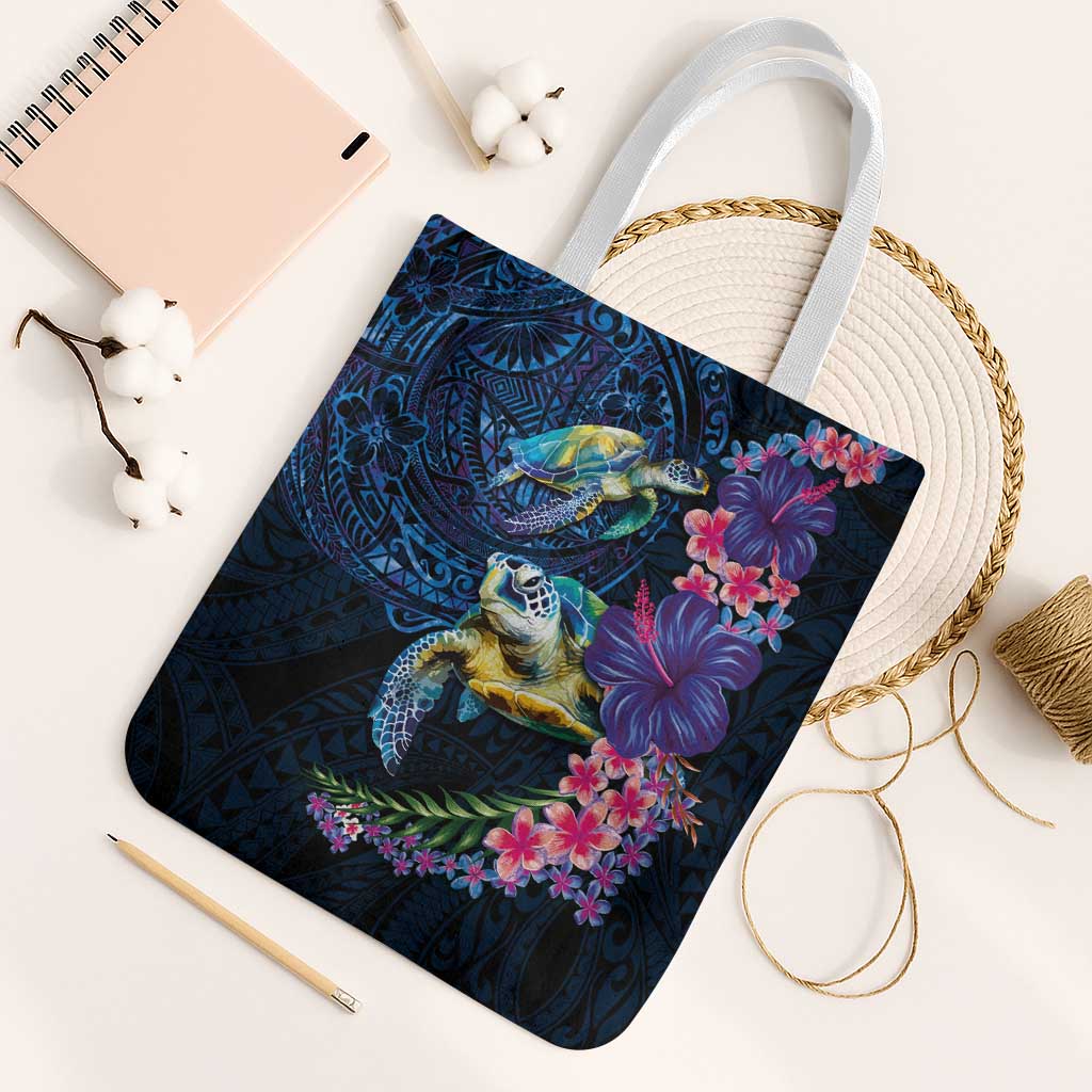 Hawaiian Plumeria and Hibiscus with Turtles Tote Bag Polynesian Art Dark Cyan Color LT03 White Strap One Size Dark Cyan - Polynesian Pride