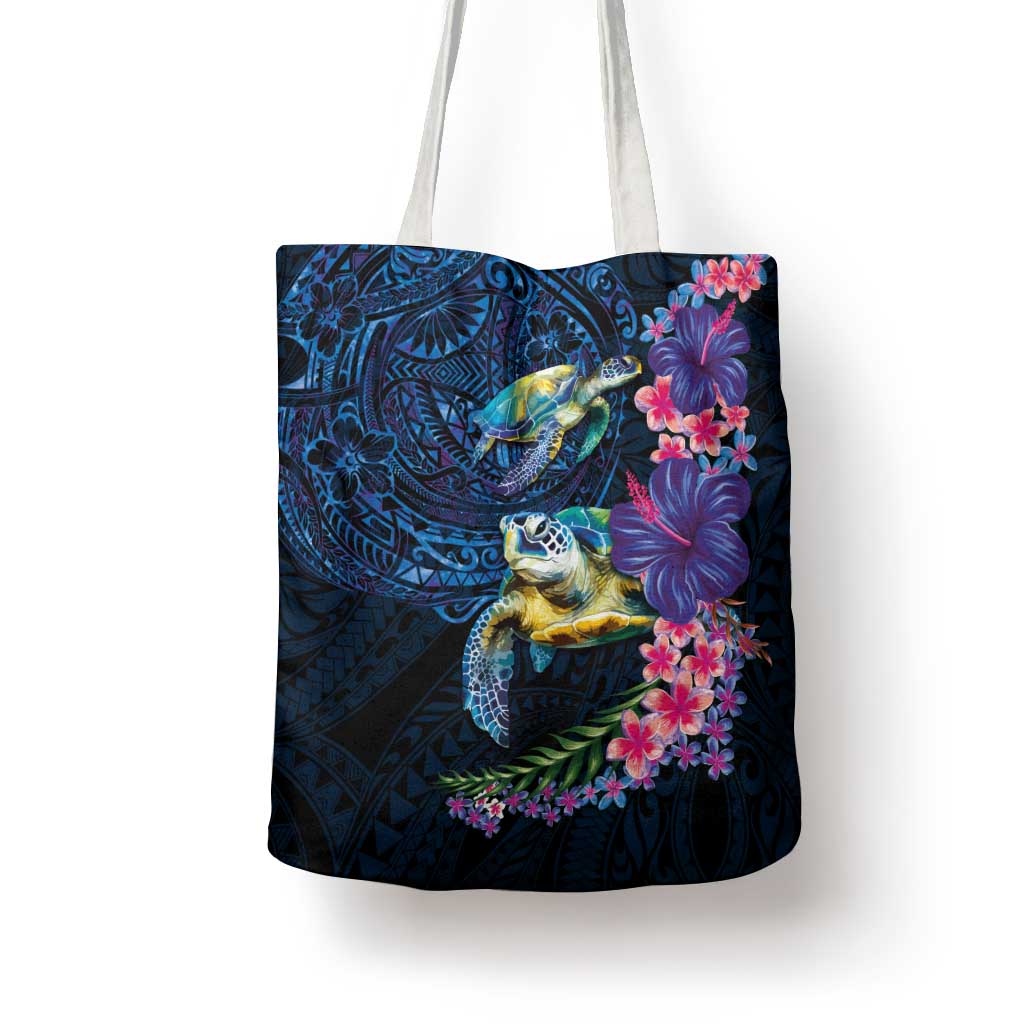Hawaiian Plumeria and Hibiscus with Turtles Tote Bag Polynesian Art Dark Cyan Color LT03 - Polynesian Pride
