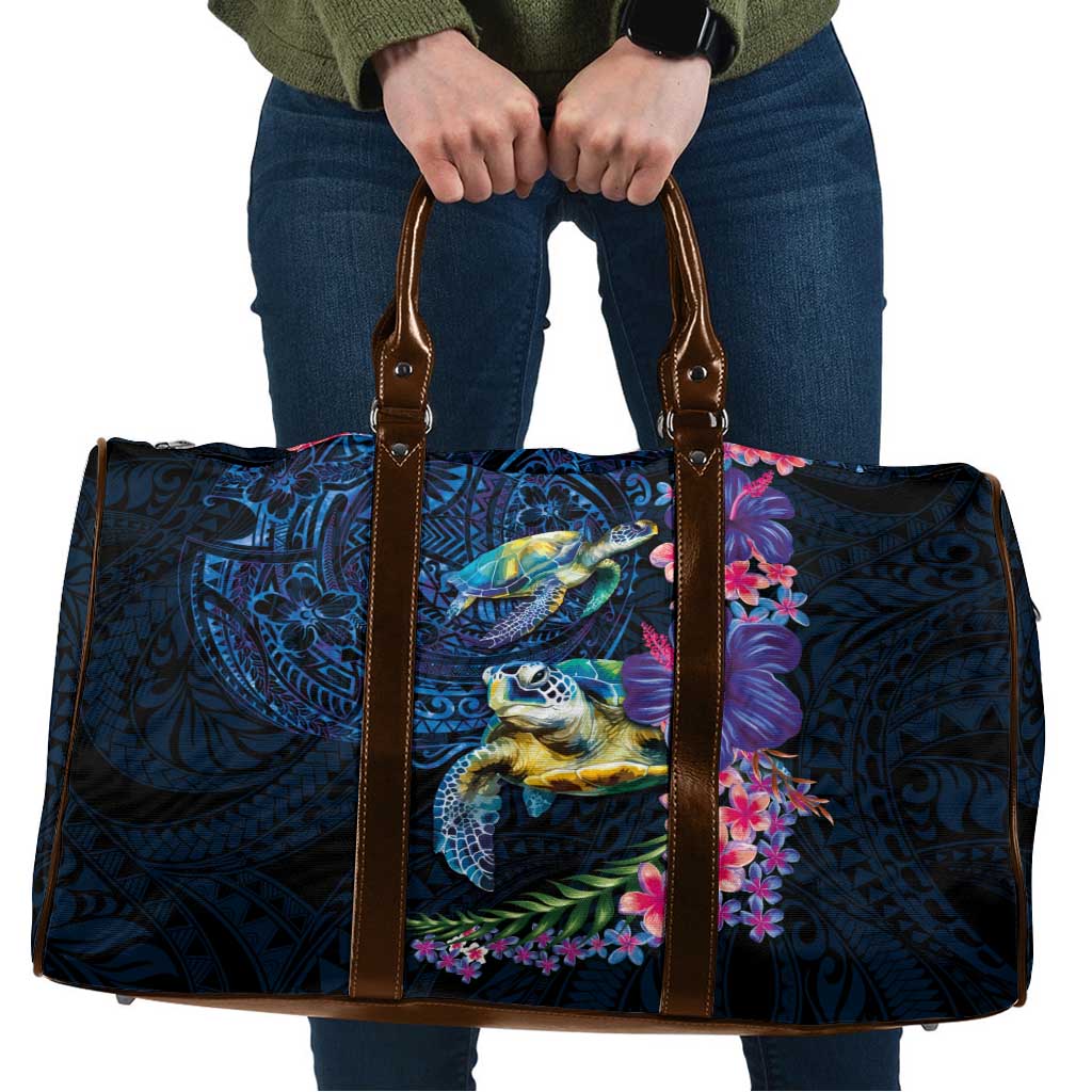 Hawaiian Plumeria and Hibiscus with Turtles Travel Bag Polynesian Art Dark Cyan Color LT03 Dark Cyan - Polynesian Pride