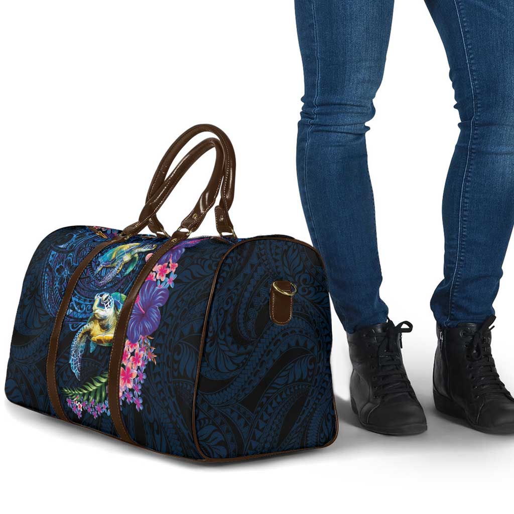 Hawaiian Plumeria and Hibiscus with Turtles Travel Bag Polynesian Art Dark Cyan Color LT03 - Polynesian Pride