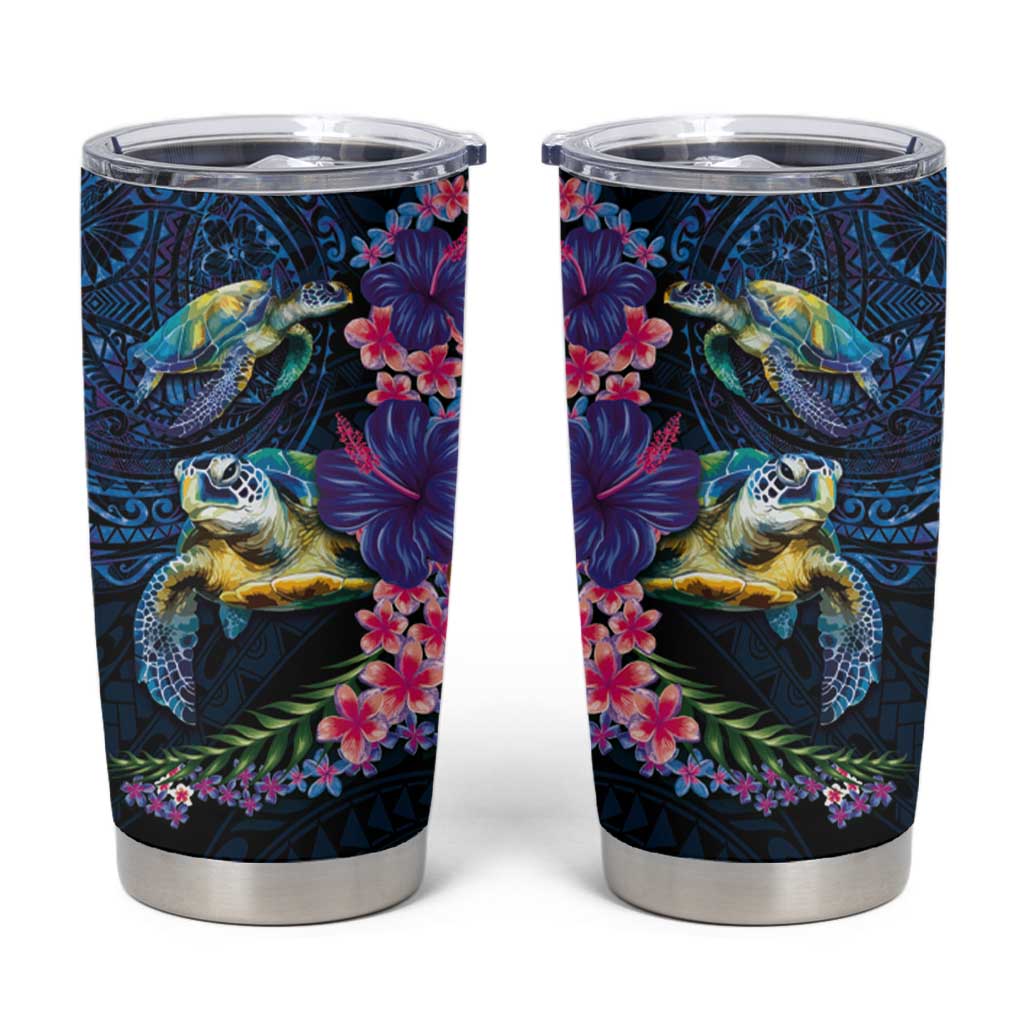 Hawaiian Plumeria and Hibiscus with Turtles Tumbler Cup Polynesian Art Dark Cyan Color LT03 Dark Cyan - Polynesian Pride