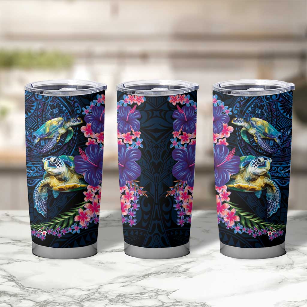 Hawaiian Plumeria and Hibiscus with Turtles Tumbler Cup Polynesian Art Dark Cyan Color LT03 - Polynesian Pride