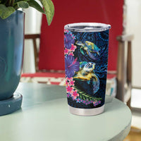 Hawaiian Plumeria and Hibiscus with Turtles Tumbler Cup Polynesian Art Dark Cyan Color LT03 - Polynesian Pride