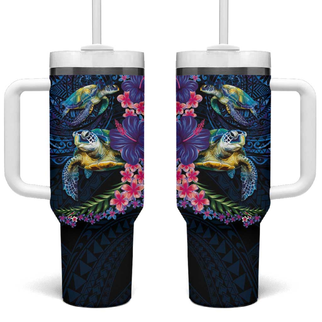 Hawaiian Plumeria and Hibiscus with Turtles Tumbler With Handle Polynesian Art Dark Cyan Color LT03 One Size: 40 oz Dark Cyan - Polynesian Pride