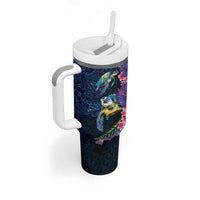 Hawaiian Plumeria and Hibiscus with Turtles Tumbler With Handle Polynesian Art Dark Cyan Color LT03 - Polynesian Pride