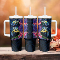 Hawaiian Plumeria and Hibiscus with Turtles Tumbler With Handle Polynesian Art Dark Cyan Color LT03 - Polynesian Pride