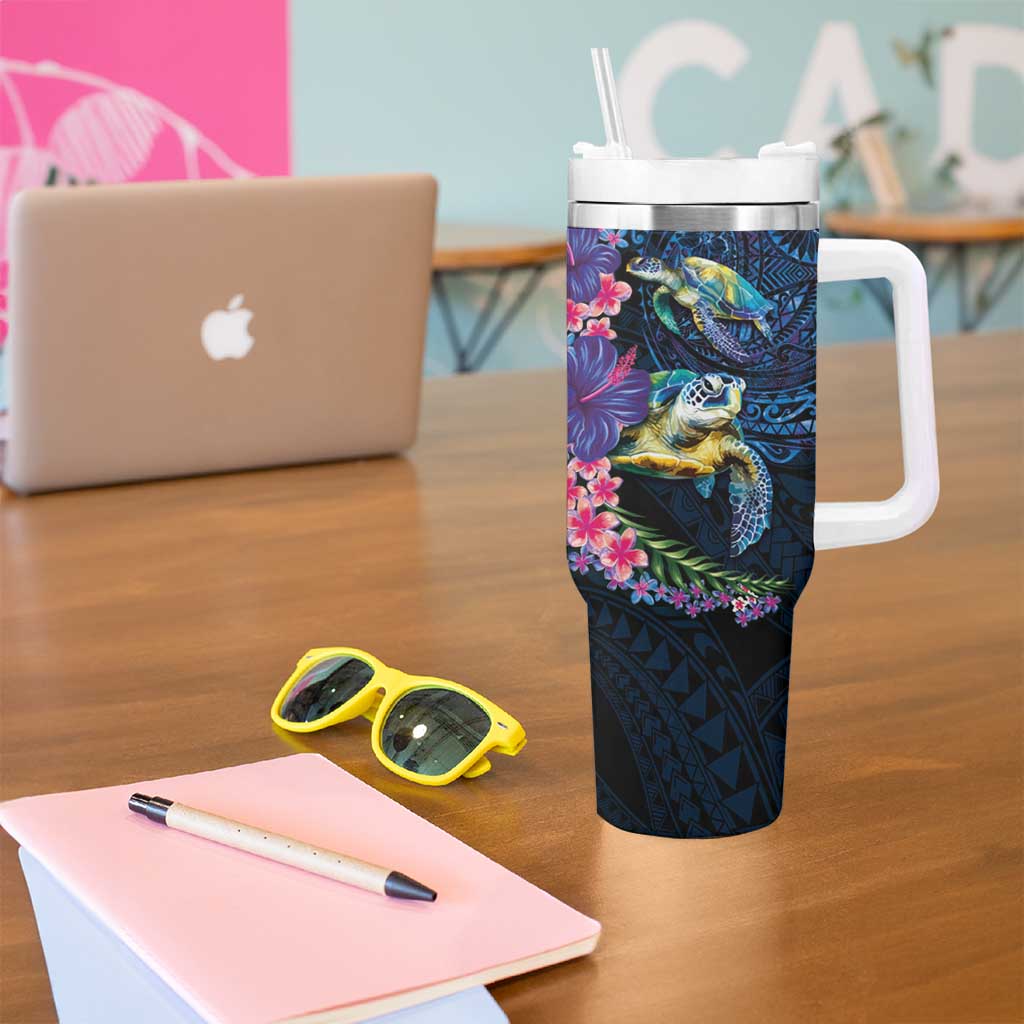 Hawaiian Plumeria and Hibiscus with Turtles Tumbler With Handle Polynesian Art Dark Cyan Color LT03 - Polynesian Pride