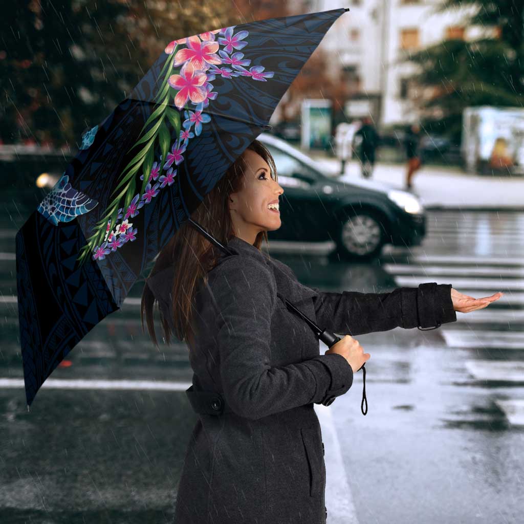 Hawaiian Plumeria and Hibiscus with Turtles Umbrella Polynesian Art Dark Cyan Color LT03 - Polynesian Pride
