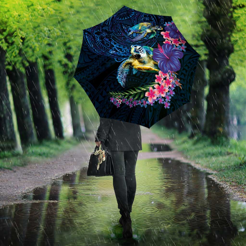 Hawaiian Plumeria and Hibiscus with Turtles Umbrella Polynesian Art Dark Cyan Color LT03 - Polynesian Pride