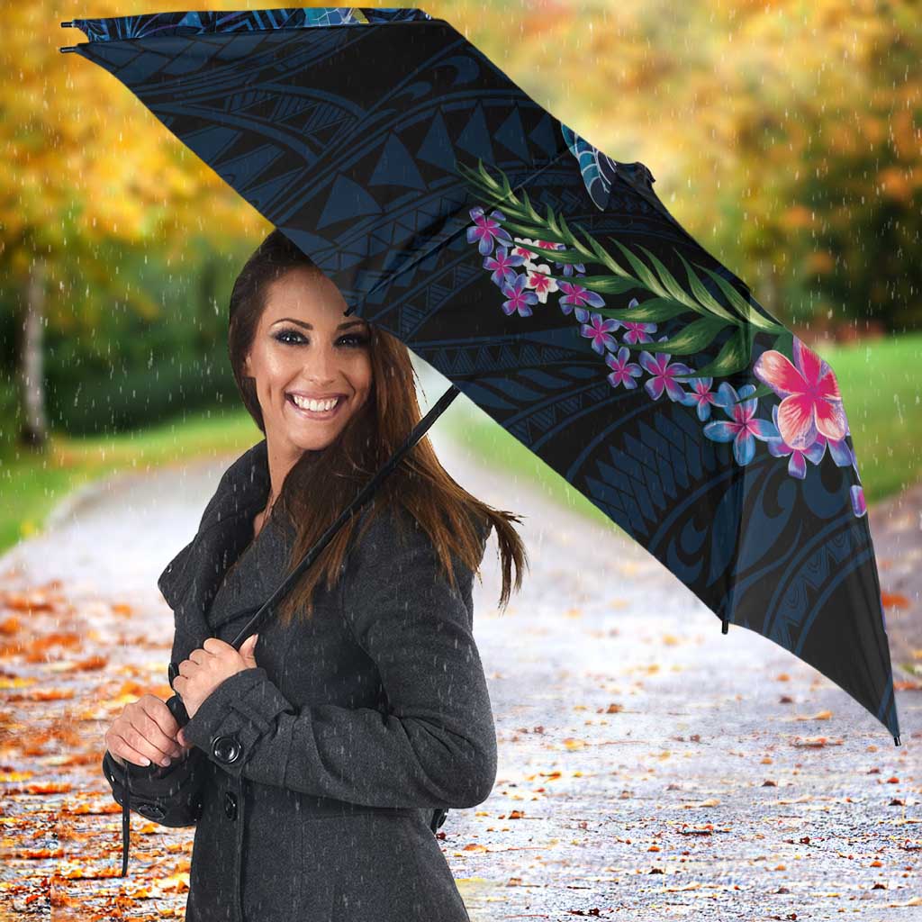 Hawaiian Plumeria and Hibiscus with Turtles Umbrella Polynesian Art Dark Cyan Color LT03 - Polynesian Pride