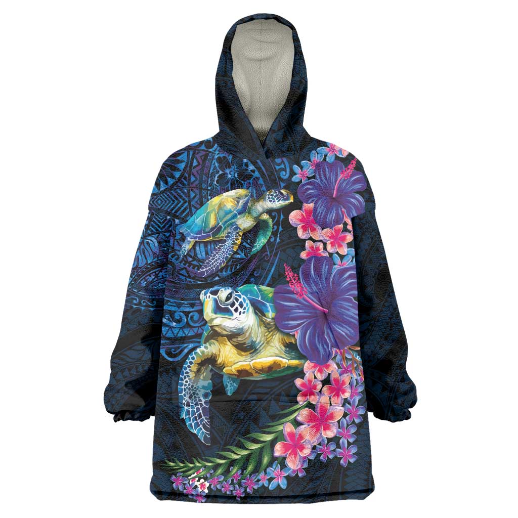Hawaiian Plumeria and Hibiscus with Turtles Wearable Blanket Hoodie Polynesian Art Dark Cyan Color LT03 One Size Dark Cyan - Polynesian Pride
