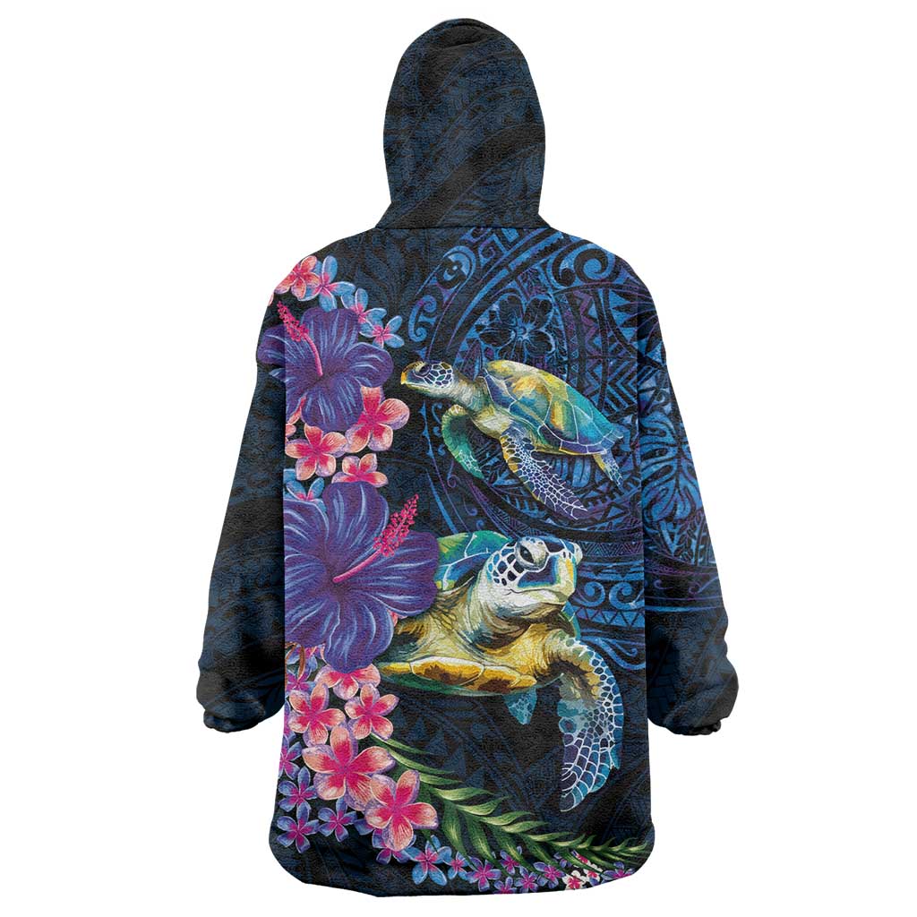 Hawaiian Plumeria and Hibiscus with Turtles Wearable Blanket Hoodie Polynesian Art Dark Cyan Color LT03 - Polynesian Pride