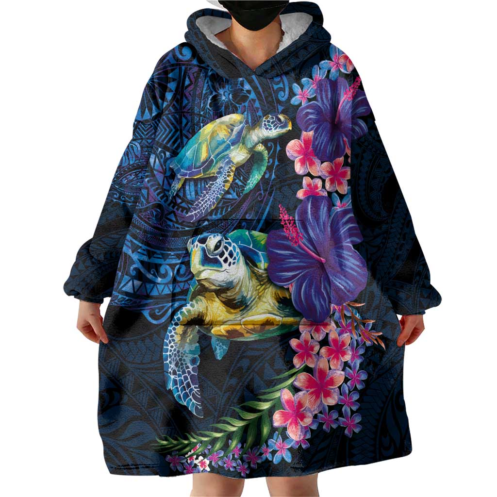 Hawaiian Plumeria and Hibiscus with Turtles Wearable Blanket Hoodie Polynesian Art Dark Cyan Color LT03 - Polynesian Pride