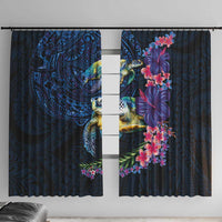 Hawaiian Plumeria and Hibiscus with Turtles Window Curtain Polynesian Art Dark Cyan Color LT03 With Hooks Dark Cyan - Polynesian Pride