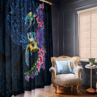 Hawaiian Plumeria and Hibiscus with Turtles Window Curtain Polynesian Art Dark Cyan Color LT03 - Polynesian Pride