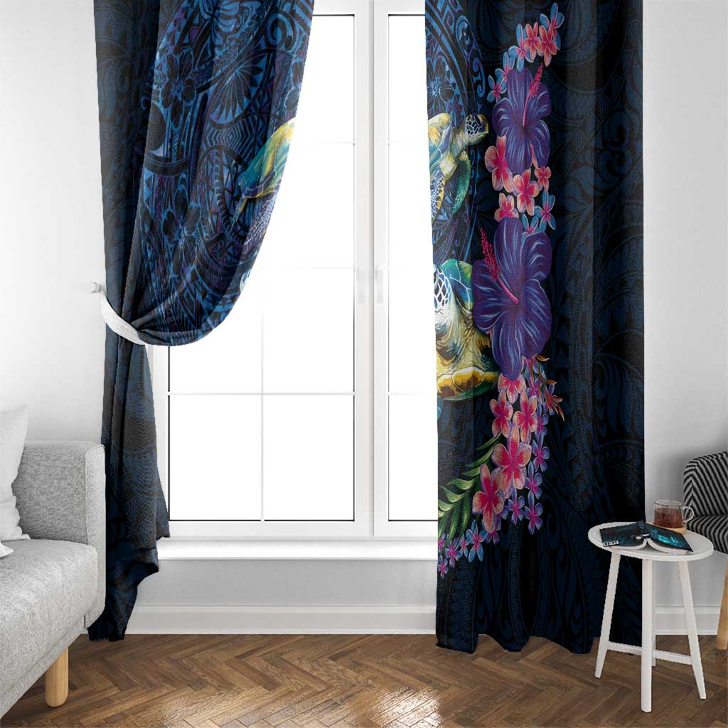 Hawaiian Plumeria and Hibiscus with Turtles Window Curtain Polynesian Art Dark Cyan Color LT03 - Polynesian Pride