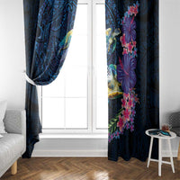 Hawaiian Plumeria and Hibiscus with Turtles Window Curtain Polynesian Art Dark Cyan Color LT03 - Polynesian Pride