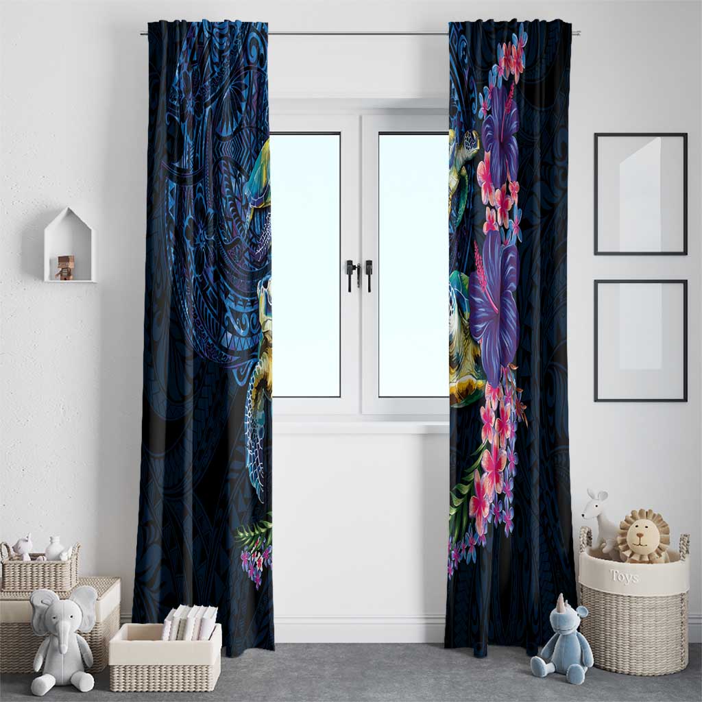 Hawaiian Plumeria and Hibiscus with Turtles Window Curtain Polynesian Art Dark Cyan Color LT03 - Polynesian Pride