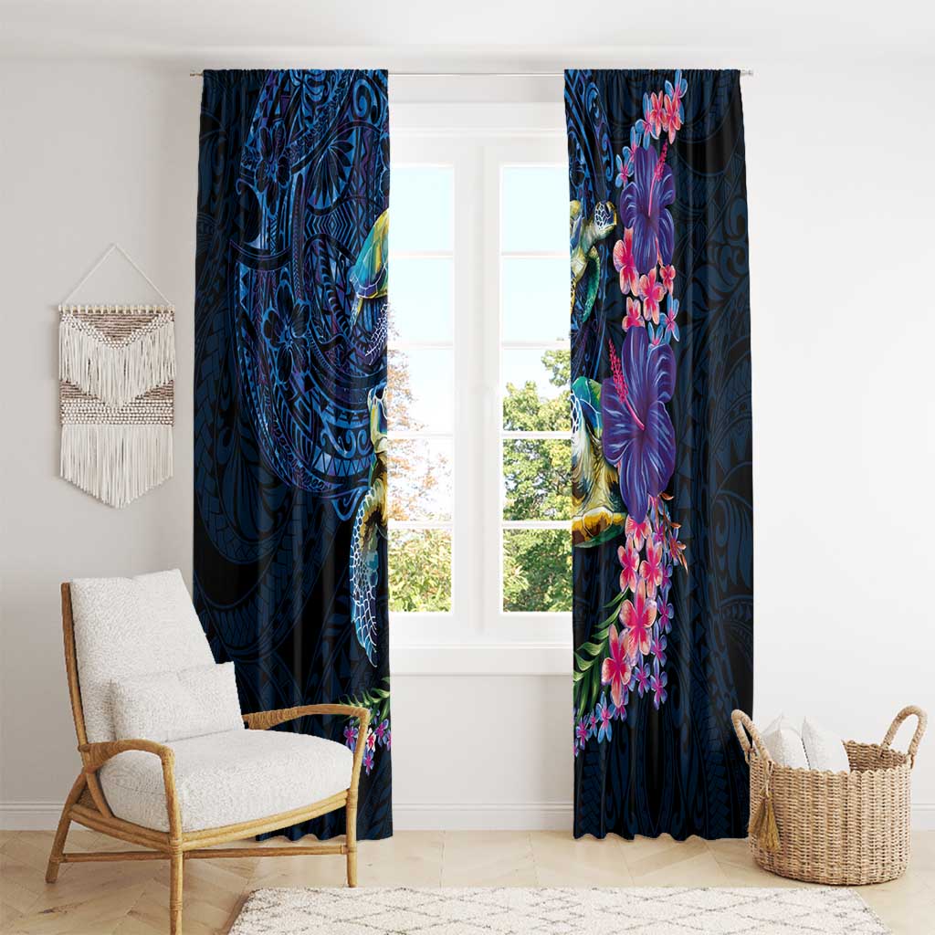 Hawaiian Plumeria and Hibiscus with Turtles Window Curtain Polynesian Art Dark Cyan Color LT03 - Polynesian Pride