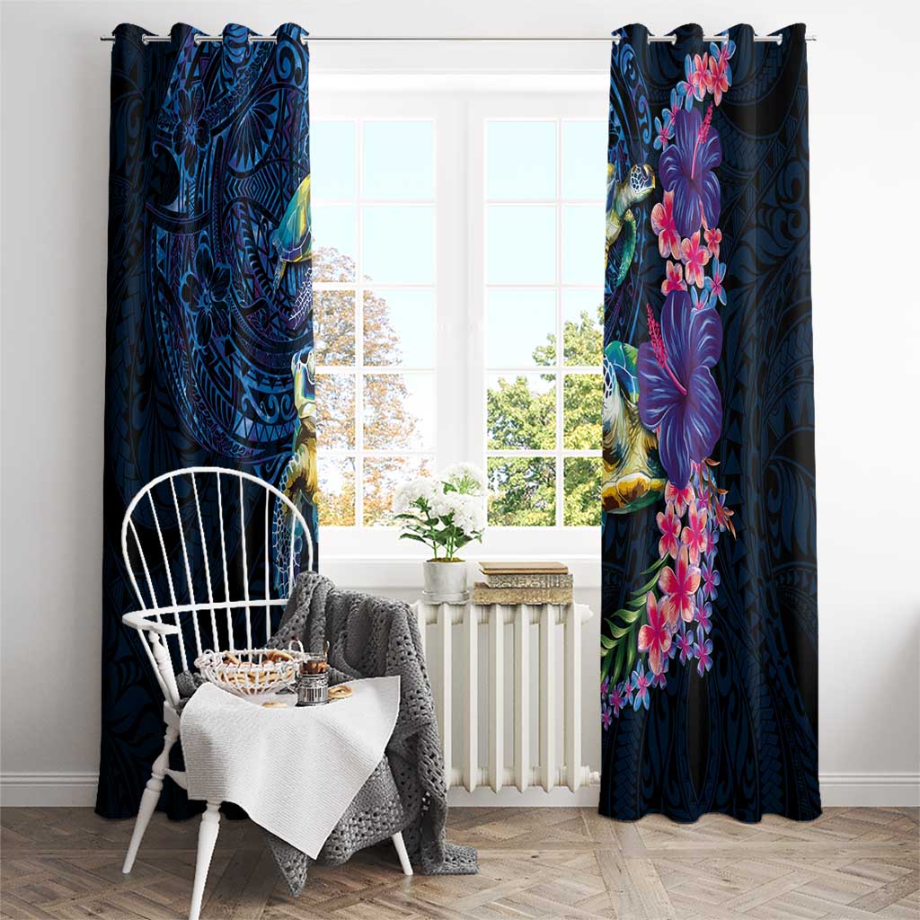 Hawaiian Plumeria and Hibiscus with Turtles Window Curtain Polynesian Art Dark Cyan Color LT03 - Polynesian Pride