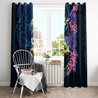 Hawaiian Plumeria and Hibiscus with Turtles Window Curtain Polynesian Art Dark Cyan Color LT03 - Polynesian Pride