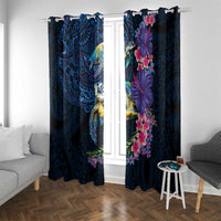Hawaiian Plumeria and Hibiscus with Turtles Window Curtain Polynesian Art Dark Cyan Color LT03 With Grommets Dark Cyan - Polynesian Pride