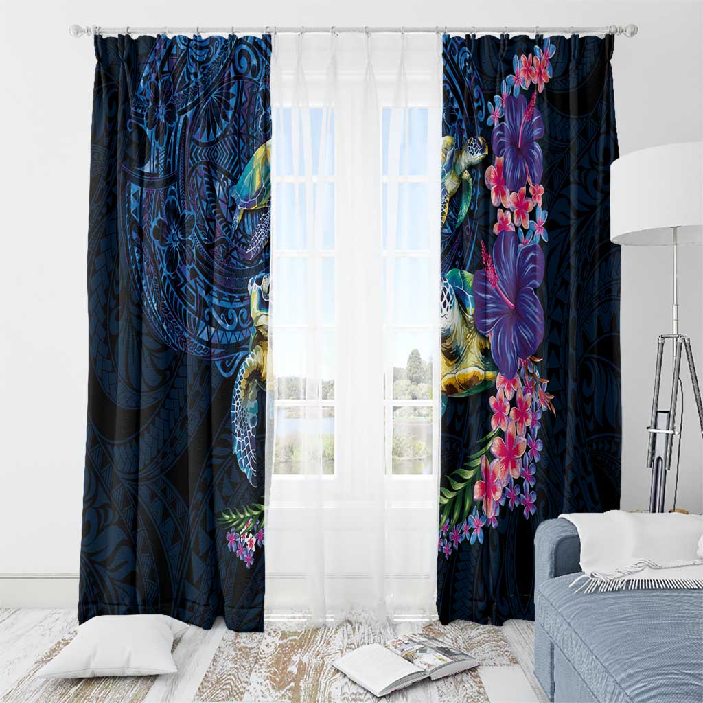 Hawaiian Plumeria and Hibiscus with Turtles Window Curtain Polynesian Art Dark Cyan Color LT03 - Polynesian Pride