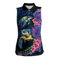 Hawaiian Plumeria and Hibiscus with Turtles Women Sleeveless Polo Shirt Polynesian Art Dark Cyan Color LT03 Female Dark Cyan - Polynesian Pride
