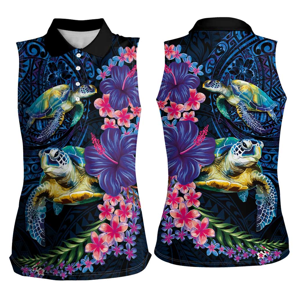Hawaiian Plumeria and Hibiscus with Turtles Women Sleeveless Polo Shirt Polynesian Art Dark Cyan Color LT03 - Polynesian Pride