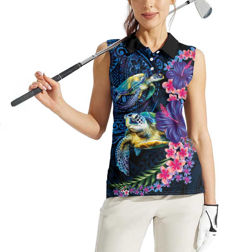 Hawaiian Plumeria and Hibiscus with Turtles Women Sleeveless Polo Shirt Polynesian Art Dark Cyan Color LT03 - Polynesian Pride