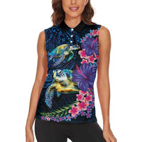 Hawaiian Plumeria and Hibiscus with Turtles Women Sleeveless Polo Shirt Polynesian Art Dark Cyan Color LT03 - Polynesian Pride