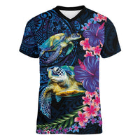 Hawaiian Plumeria and Hibiscus with Turtles Women V-Neck T-Shirt Polynesian Art Dark Cyan Color LT03 Female Dark Cyan - Polynesian Pride