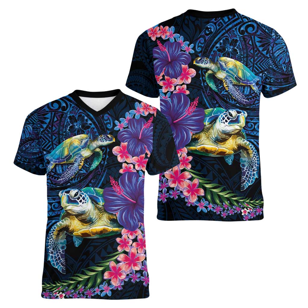Hawaiian Plumeria and Hibiscus with Turtles Women V-Neck T-Shirt Polynesian Art Dark Cyan Color LT03 - Polynesian Pride