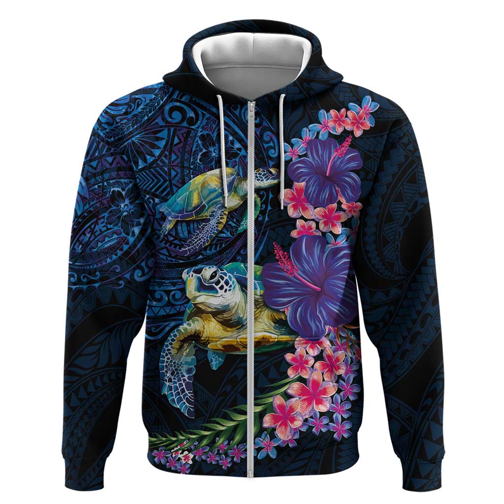Hawaiian Plumeria and Hibiscus with Turtles Zip Hoodie Polynesian Art Dark Cyan Color LT03 Zip Hoodie Dark Cyan - Polynesian Pride
