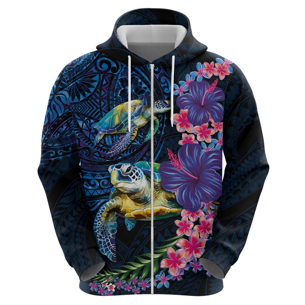Hawaiian Plumeria and Hibiscus with Turtles Zip Hoodie Polynesian Art Dark Cyan Color LT03 - Polynesian Pride