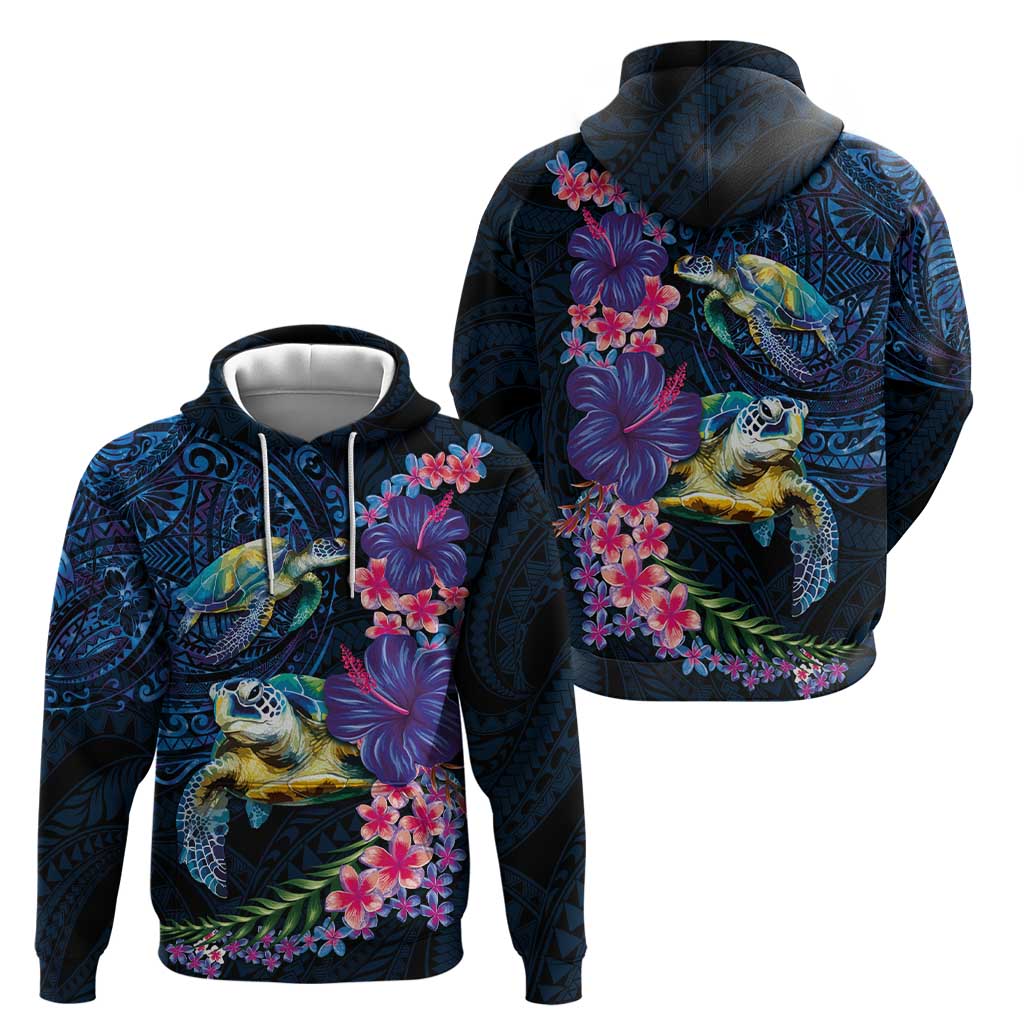Hawaiian Plumeria and Hibiscus with Turtles Zip Hoodie Polynesian Art Dark Cyan Color LT03 - Polynesian Pride