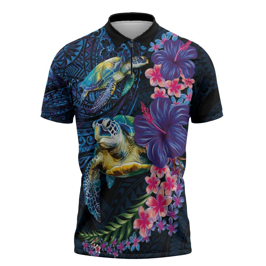 Hawaiian Plumeria and Hibiscus with Turtles Zipper Polo Shirt Polynesian Art Dark Cyan Color LT03 Dark Cyan - Polynesian Pride