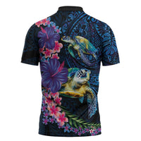Hawaiian Plumeria and Hibiscus with Turtles Zipper Polo Shirt Polynesian Art Dark Cyan Color LT03 - Polynesian Pride