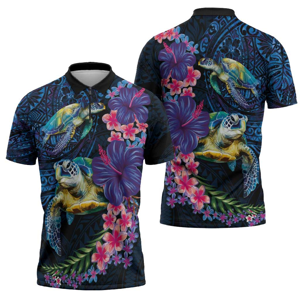 Hawaiian Plumeria and Hibiscus with Turtles Zipper Polo Shirt Polynesian Art Dark Cyan Color LT03 - Polynesian Pride