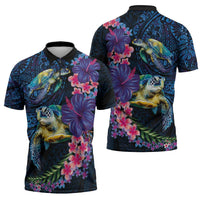 Hawaiian Plumeria and Hibiscus with Turtles Zipper Polo Shirt Polynesian Art Dark Cyan Color LT03 - Polynesian Pride
