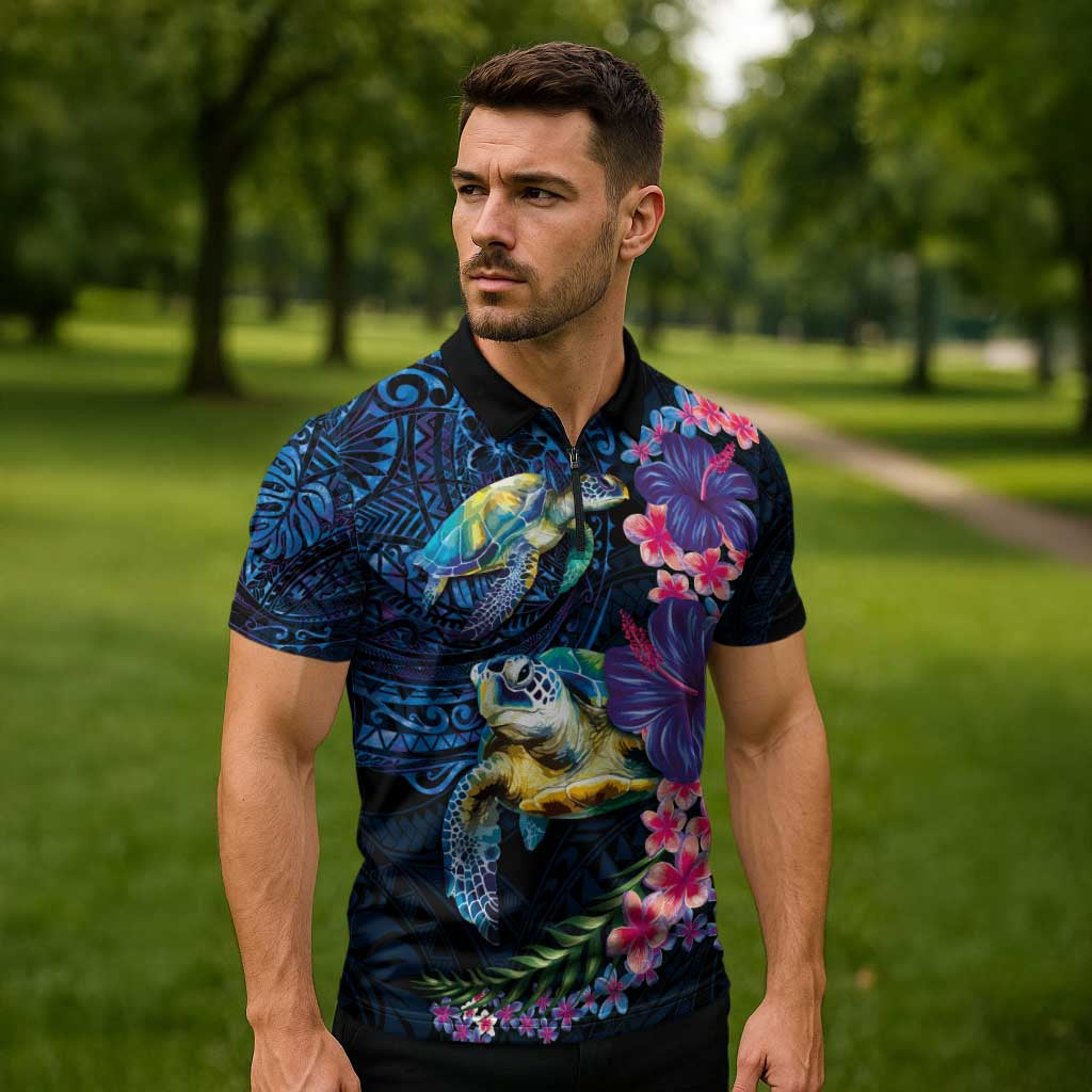 Hawaiian Plumeria and Hibiscus with Turtles Zipper Polo Shirt Polynesian Art Dark Cyan Color LT03 - Polynesian Pride