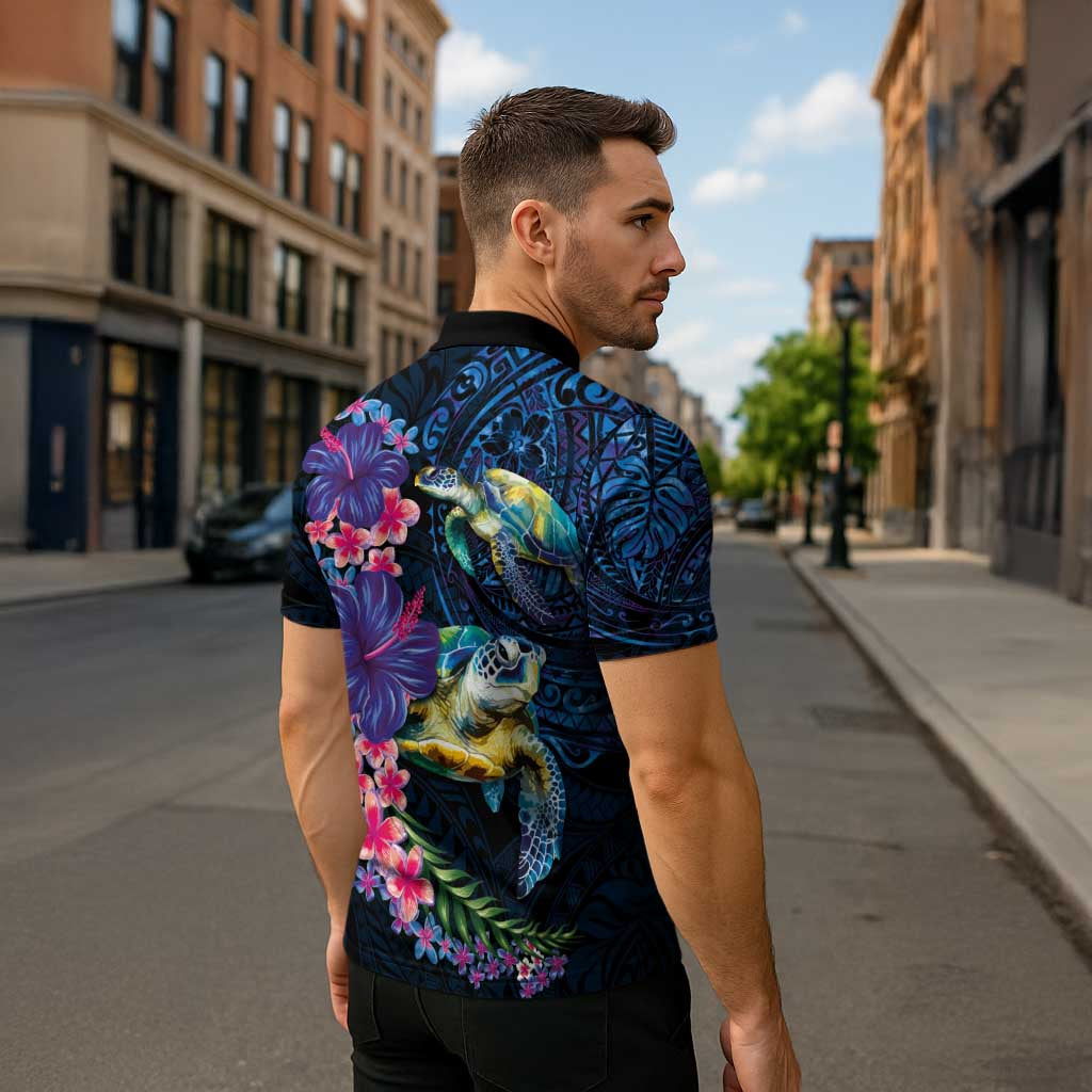 Hawaiian Plumeria and Hibiscus with Turtles Zipper Polo Shirt Polynesian Art Dark Cyan Color LT03 - Polynesian Pride